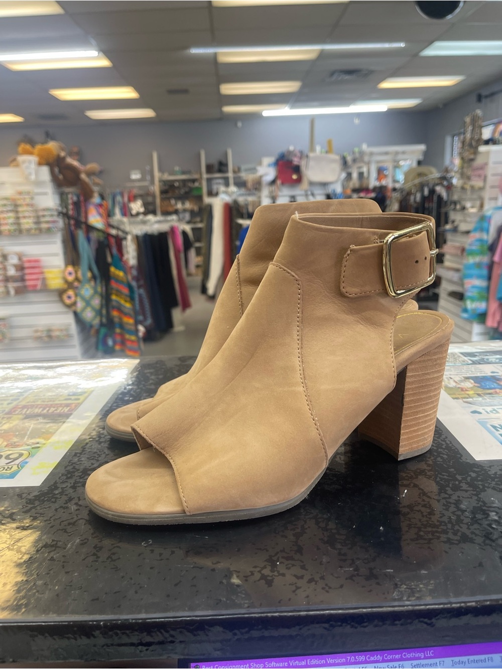 Vionic Tan Open-Toe Block Heel Sandals with Ankle Buckle